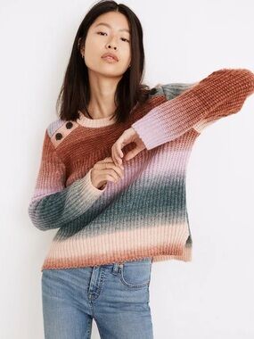 Madewell Space Dyed Striped Ombre Ribbed Crewneck Sweater in Blue, Pink & Brown